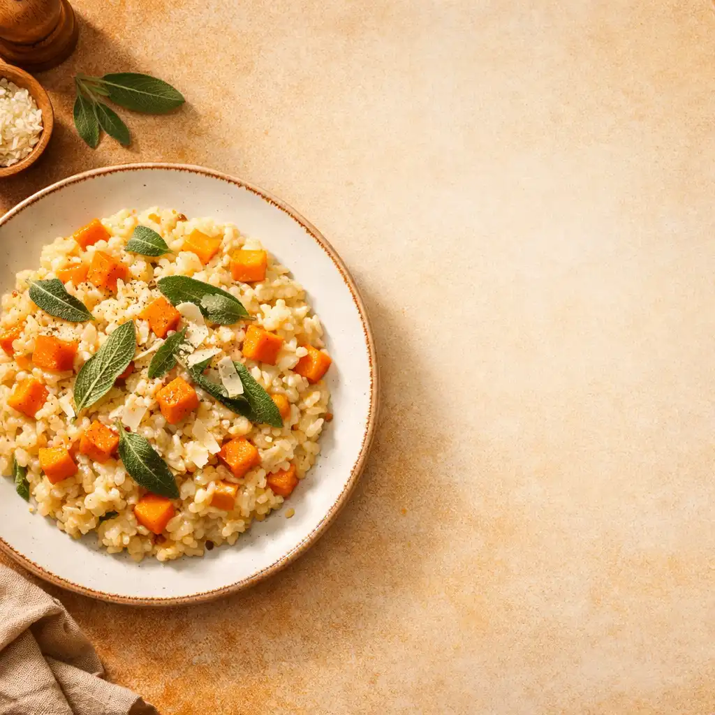 Wegetariańskie risotto z pieczoną dynią i szałwią na talerzu