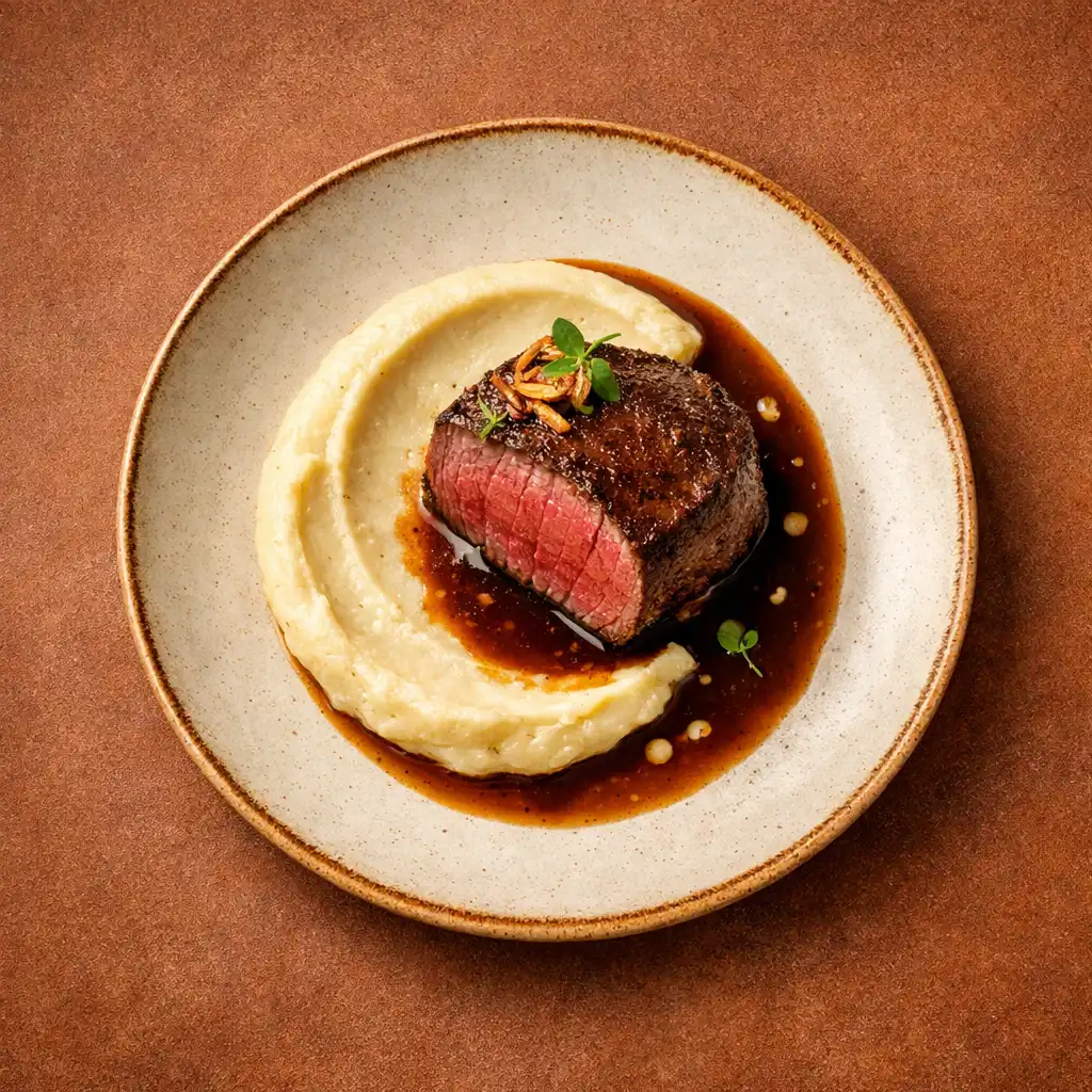 Polędwica wołowa sous-vide z puree z selera i sosem na ceramicznym talerzu