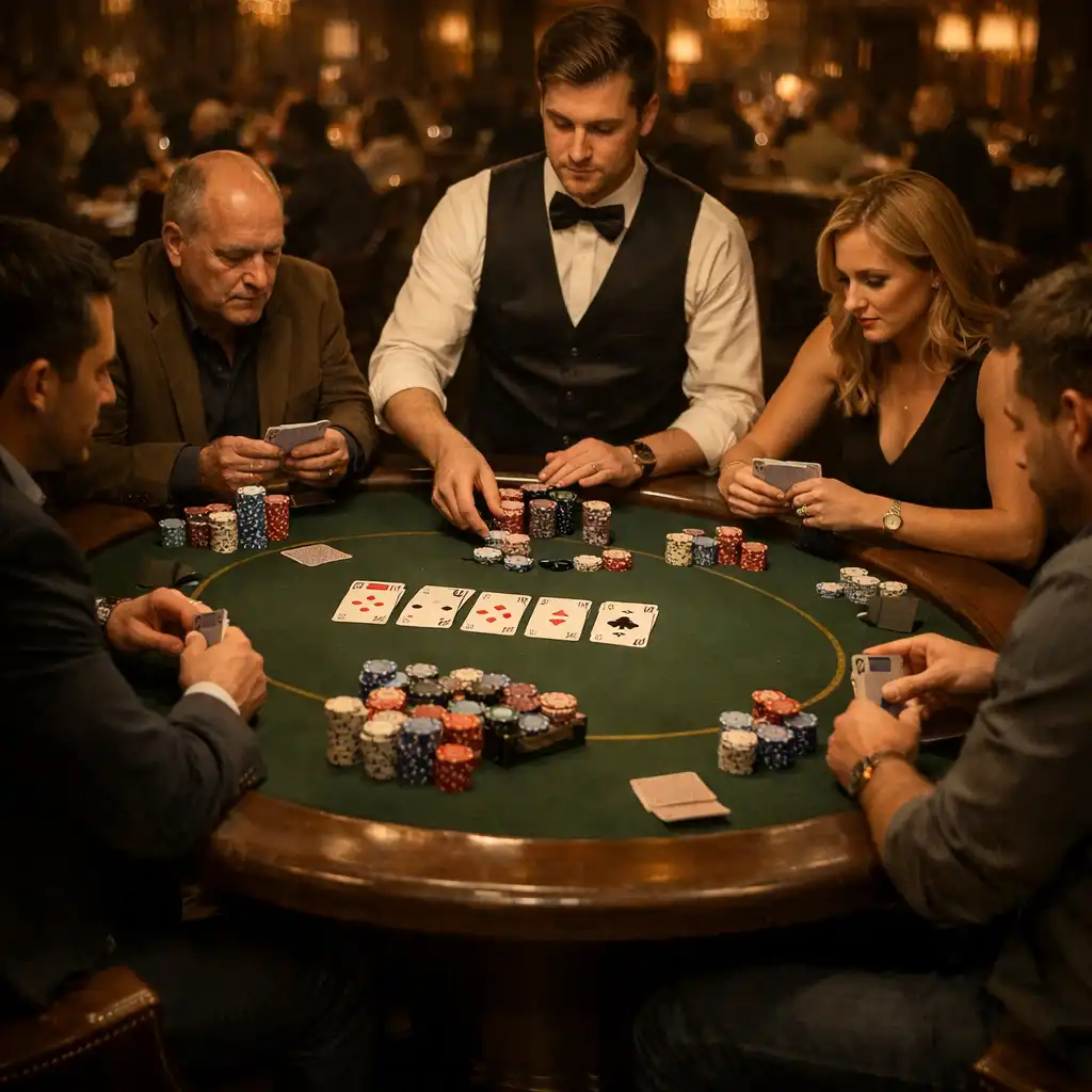 Gracze przy prawdziwym stole pokerowym w kasynie Stół Dobroci