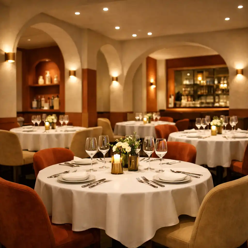 Eleganckie wnętrze restauracji Stół Dobroci z okrągłymi stołami i ciepłym oświetleniem