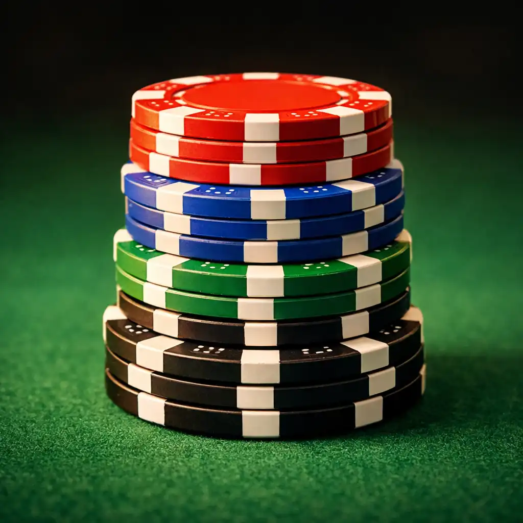Zbliżenie na stos żetonów pokerowych w różnych kolorach