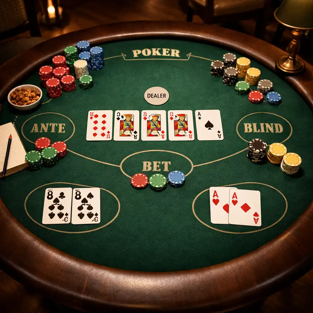 Okrągły stół pokerowy widziany z góry w ciepłym, eleganckim wnętrzu Stół Dobroci