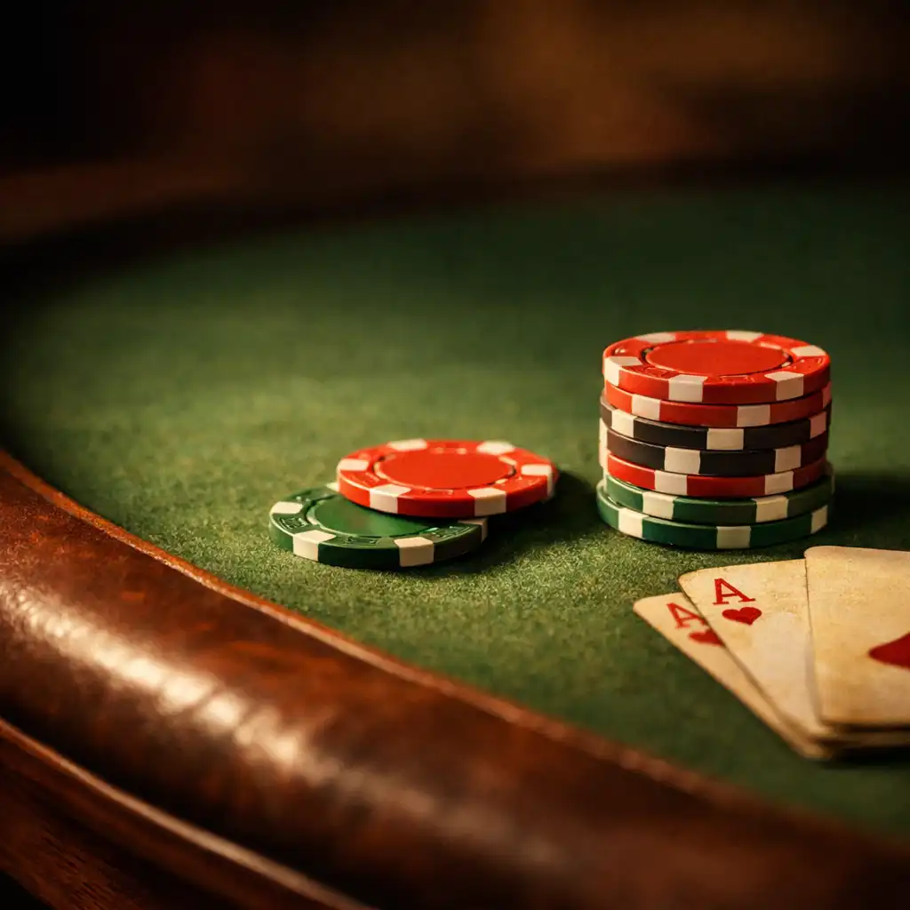 Zbliżenie na fragment stołu pokerowego z żetonami i kartami