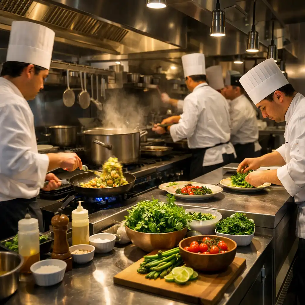 Otwarta kuchnia restauracyjna, kucharze przygotowują dania