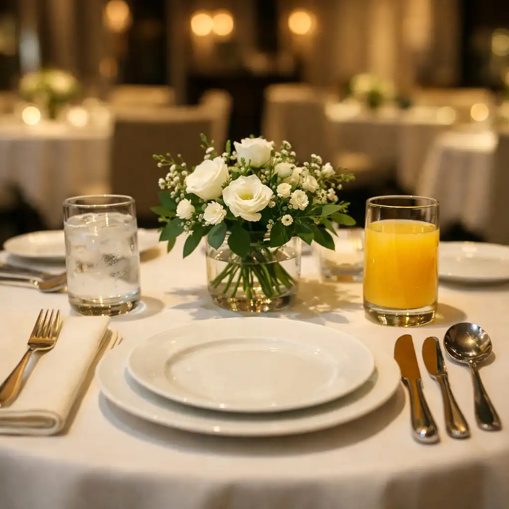 Nakryty stół w restauracji z białą porcelaną i szklankami