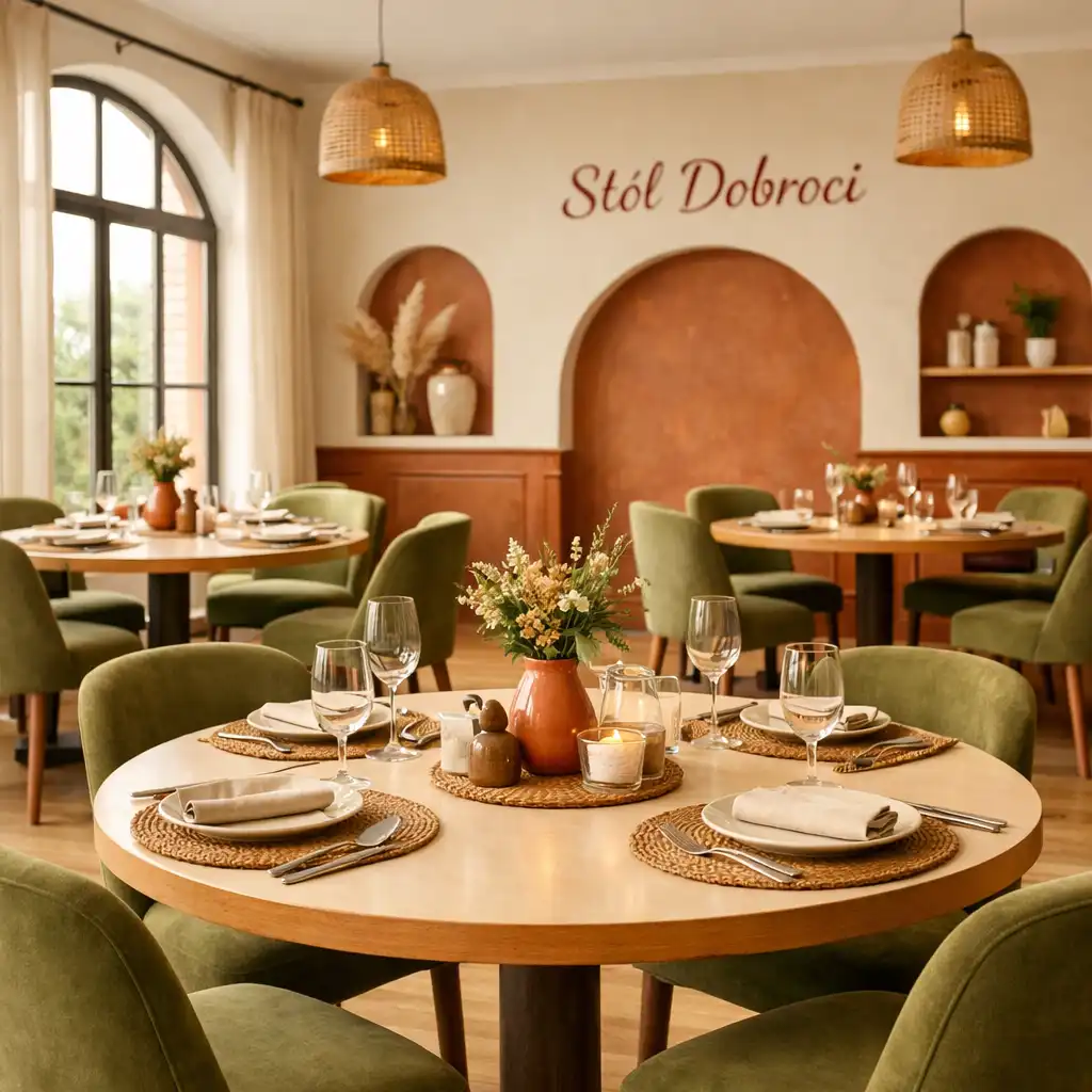Jasna, dzienna strefa restauracji Stół Dobroci z okrągłymi stołami i oliwkowymi krzesłami