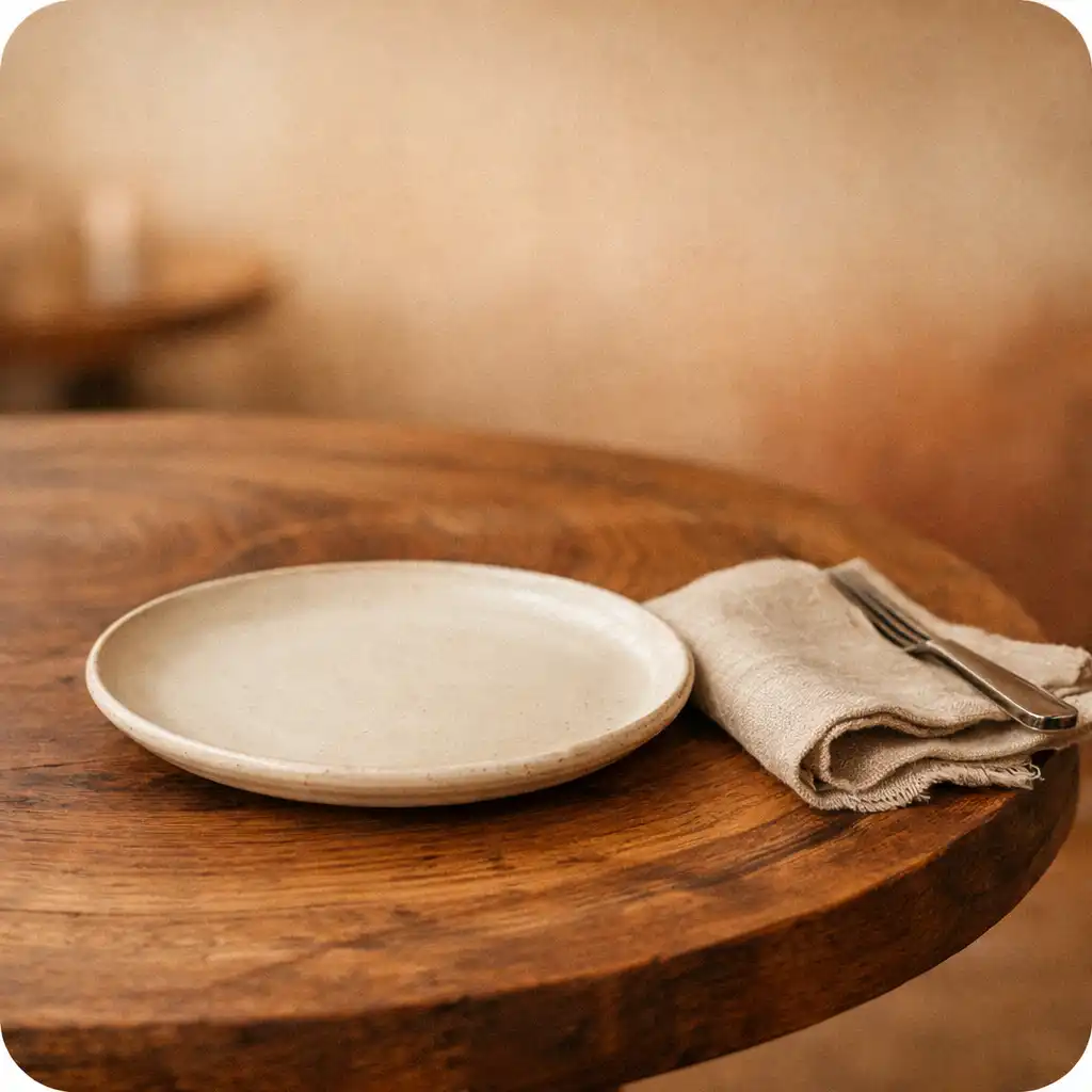 Zbliżenie na okrągły stół restauracyjny z drewnianym blatem i ceramicznym talerzem