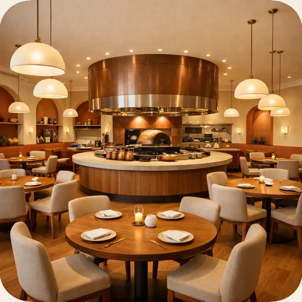 Sala restauracyjna Stół Dobroci z otwartą kuchnią, okrągłymi stołami i ciepłym oświetleniem