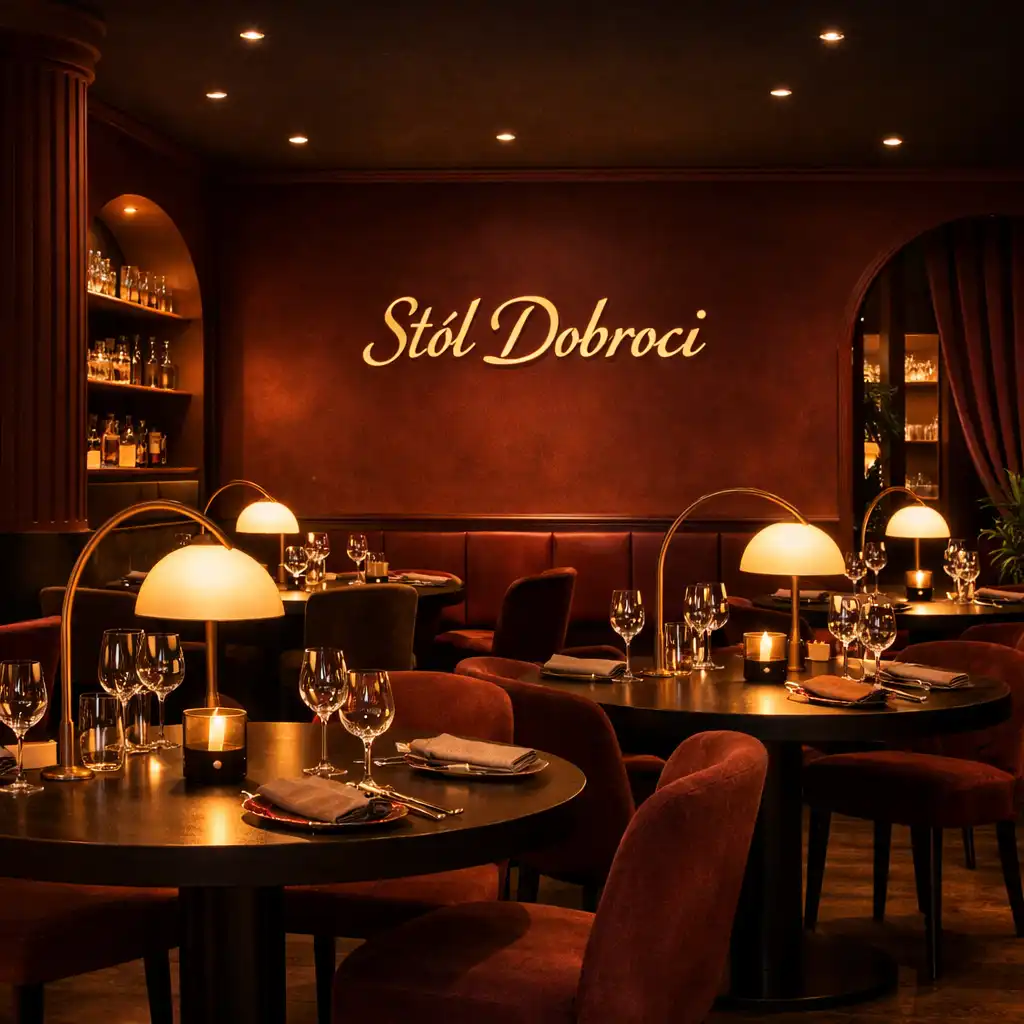 Wieczorna strefa restauracji Stół Dobroci z burgundowymi ścianami i okrągłymi stołami